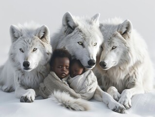 Obraz premium A man is kneeling down in the snow next to three wolves