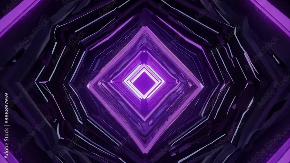 Poster this digital rendering of a geometric tunnel with glowing purple neon lights.