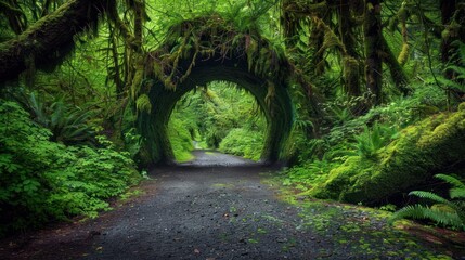 View road through natural green forest hole tunnel AI generated