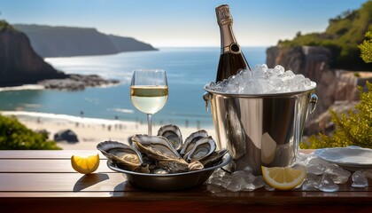  A sparkling wine bottle in an ice bucket, alongside a platter of fresh oysters and lemon wed