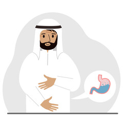The concept of a healthy stomach. The arab man holds her stomach with both hands. A healthy stomach or proper digestion. Vector flat illustration