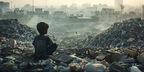 A boy sitting in a destroyed city after the war