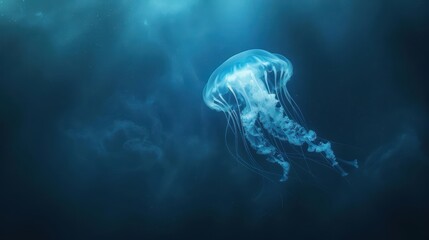 A solitary jellyfish floats gracefully in the deep blue ocean.