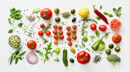 Bountiful Harvest of Fresh Vegetables and Herbs in Flat Lay Composition on White Background