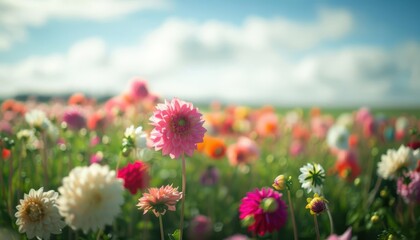Fototapeta premium A vibrant field of colorful dahlias under a blue sky.
