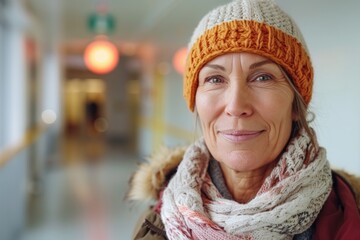 Middle-Aged Woman in Knitted Hat and Scarf Smiling Indoors - Warm Clothing, Winter Fashion, Lifestyle Portrait