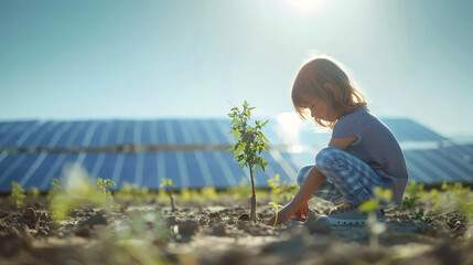 A young girl planting a sapling in front of solar panels, representing environmental care, sustainability, and a green future.