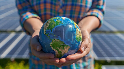 A person holding a small globe in front of solar panels, symbolizing renewable energy and global environmental responsibility.