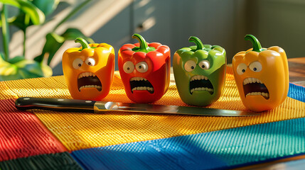 Bell peppers with expressive faces placed next to a knife, creating a humorous and animated scene.