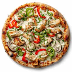 Creamy Pizza with Cervelat, Tartar Sauce, Chicken Fillet, Sliced Mushrooms, Sweet Pepper