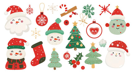 Cute Christmas Kawaii Sticker Collection on Transparent Background with festive holiday elements.