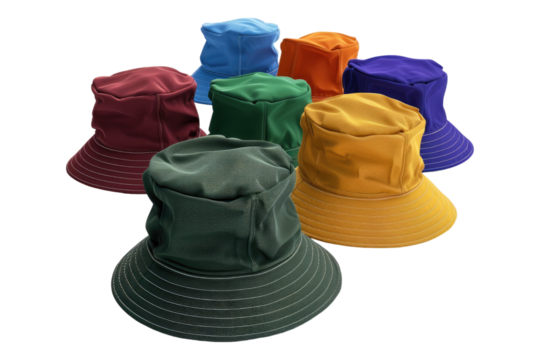 Colorful bucket hats isolated on transparent background