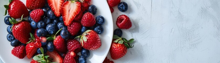 Vibrant Mixed Berries Flat Lay on White Plate - Health and Nutrition Concept