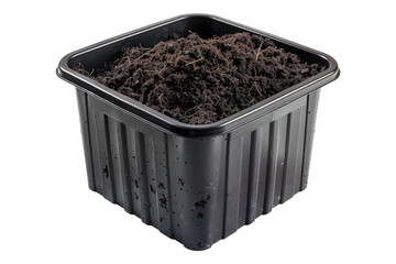 Compost soil in black plastic container isolated on transparent background