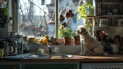 Cute dog counter surfing in kitchen