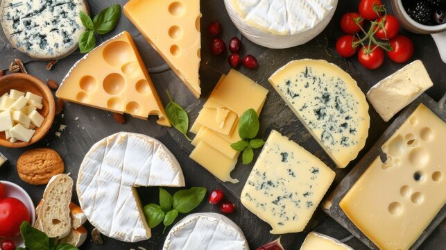 Cheese Lover's Dream - Assortment of Brie, Cheddar, and Gouda Cheeses on Stone Slab Flat Lay