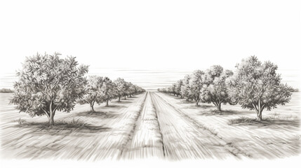 Fruit trees plantation sketch. Apple, orange, pear and peach. Farming landscape. Graphic style hand-drawn illustration. Sketch style. Black and white. Generative ai