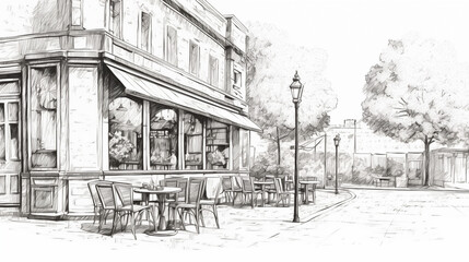 Outdoor cafe in the city sketch. Engraving image. Street eating. Chairs and tables. Illustration in vintage style. Ai generation
