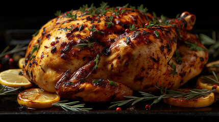 Roasted chicken on a black surface