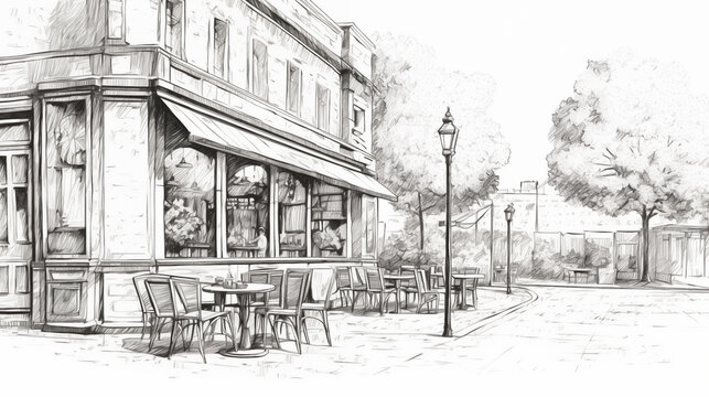 Outdoor cafe in the city sketch. Engraving image. Street eating. Chairs and tables. Illustration in vintage style. Ai generation