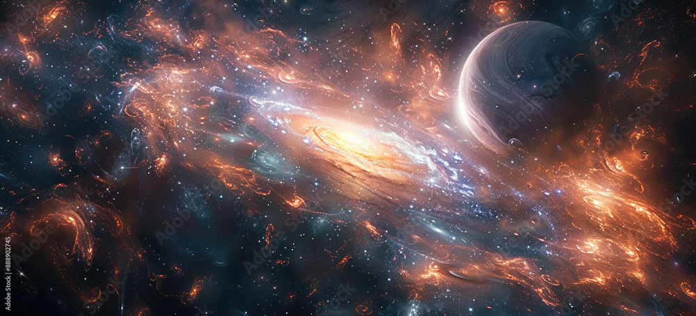 Aufkleber The magnificent universe, where two rotating planets collide, creating clusters of various shapes, stars surging, jets, explosions, shattering, enchanting, and endless universes. Generative AI.
