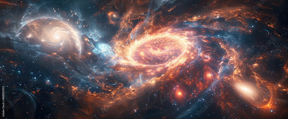 Aufkleber The magnificent universe, where two rotating planets collide, creating clusters of various shapes, stars surging, jets, explosions, shattering, enchanting, and endless universes. Generative AI.