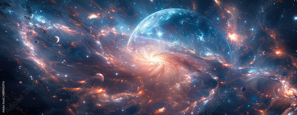 Aufkleber The magnificent universe, where two rotating planets collide, creating clusters of various shapes, stars surging, jets, explosions, shattering, enchanting, and endless universes. Generative AI.