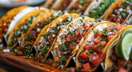 Fototapeta premium A platter of colorful tacos with various fillings and toppings. Generative AI.