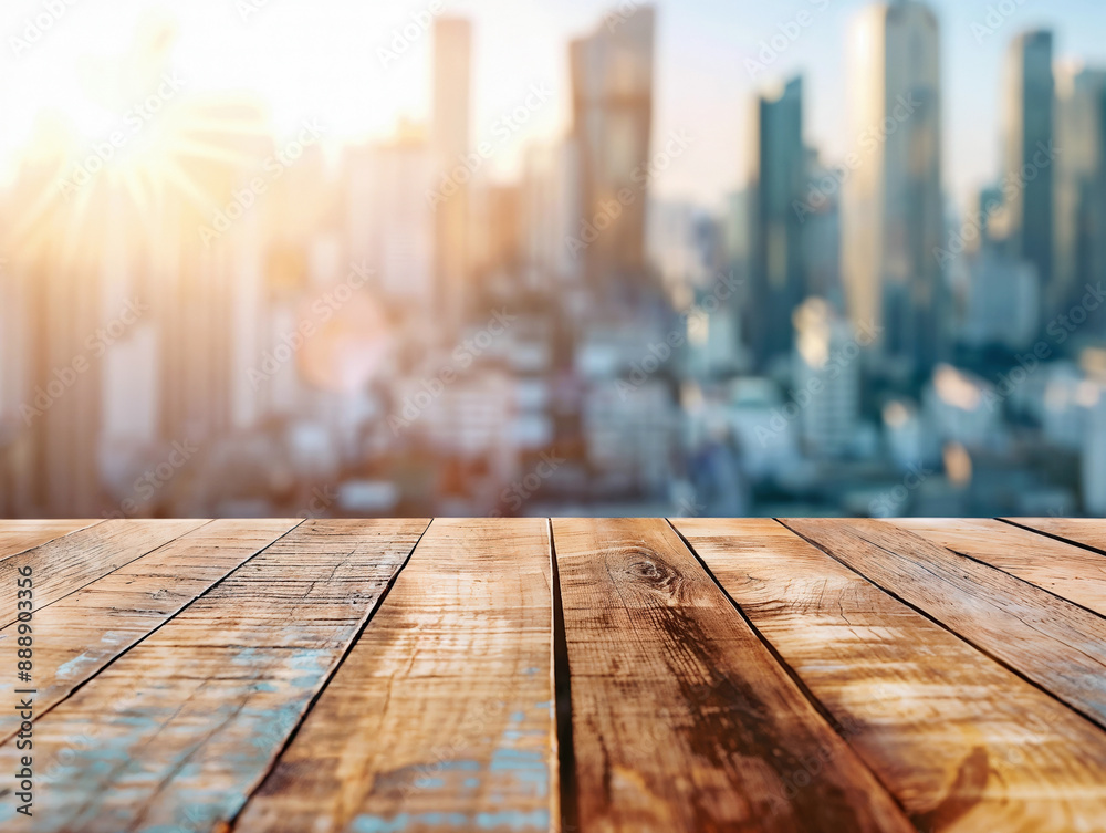 Aufkleber empty rustic wooden tabletop providing space for product placement with blurred cityscape background