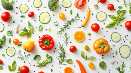 Vibrant Array of Fresh Vegetables and Herbs in Colorful Pattern on White Background