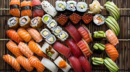 Fototapeta premium Exquisite Variety of Sushi Platter on Dark Bamboo Mat Flat Lay Composition