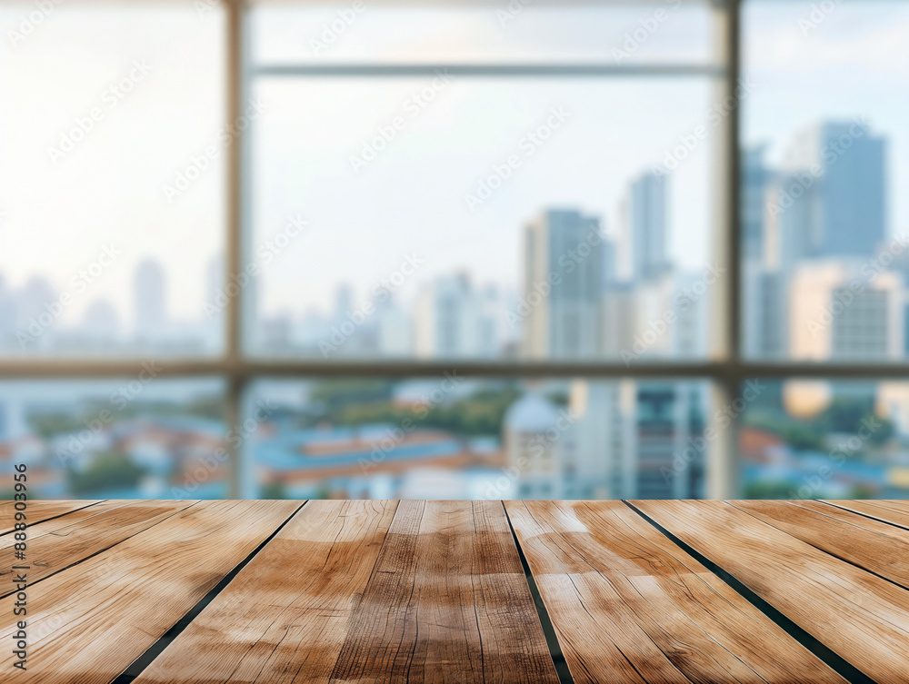 Poster empty wooden table top with big city view behind window, perfect for product placement