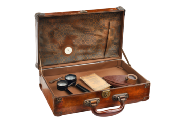 Detective clues in a vintage briefcase isolated on transparent background