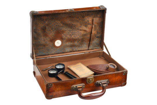 Detective clues in a vintage briefcase isolated on transparent background