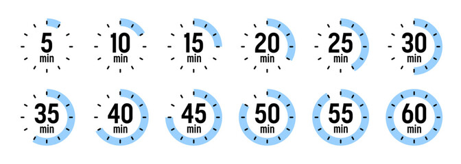 Simple stopwatch icons. Colorful chronometer, time counter with dial. Countdown timer showing hours and minutes. Deadline, measurement for sport. Cooking time label, sticker. Vector illustration