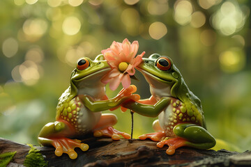 愛の贈り物: かわいいカエルが花を贈る魔法の瞬間