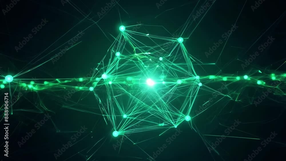 Poster this digital illustration of a network with glowing green nodes and lines.
