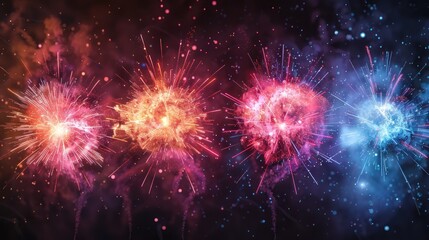 Four colorful fireworks exploding in panorama