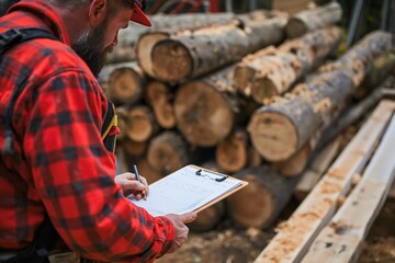 Lumberjack in a red plaid shirt with a clipboard, documenting logging operations at a sawmill.