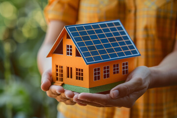 family holding up a model of a house with solar panels to show photovoltaik concept for renewable energy