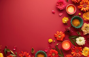 Traditional Indian floral garland toran made of marigold flowers and mango leaves on bright red background. Happy Diwali festival, Pongal or Gudi Padwa. Decoration for Indian hindu holidays, wedding