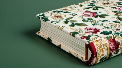 Elegant dust cover with floral motifs and calligraphy, enveloping a hand-crafted book with a soft fabric binding and gilded edges