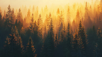Sunset over a vast pine forest, casting a golden glow over the treetops