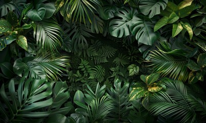 Fototapeta premium a jungle background with a border made of vibrant tropical leaves, creating a lush and exotic backdrop with ample copy space for text or graphics.
