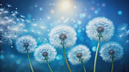 Obraz premium Delicate white dandelion flowers floating against a bright blue background, creating a serene and peaceful atmosphere, symbolizing hope, freedom, and the beauty of nature.