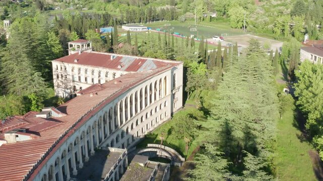 Flight over the abandoned sanatorium "Shakhtar" in Tskhaltubo