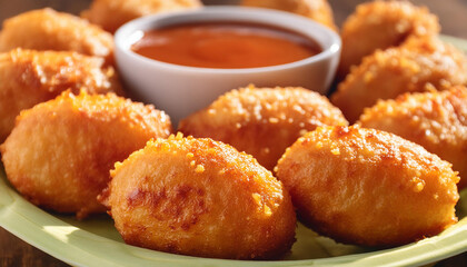 A detailed image of Keropok Lekor, traditional Malaysian fish sausages, served crispy and golden brown with a side of spicy dipping sauce.