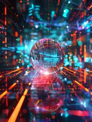 Obraz premium A glowing digital sphere displayed on a futuristic surface adorned with holographic graphics, illustrating advanced technology and digital innovation.