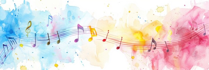 Watercolor illustration. World Music Day. Notes, treble clef, colorful background. Horizontal banner. Free space for text, copy space. Art, creativity, rhythm, melody