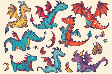 Funny dragons doodle set, cartoon dino, graphic dinosaurs isolated, monster animals